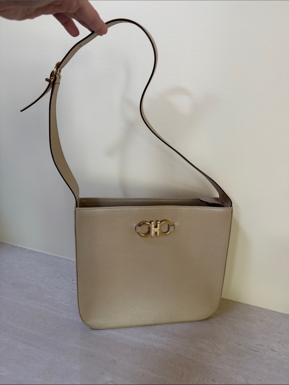 Ferragamo Gold-Tone Hardware Beige Shoulder leather Bag